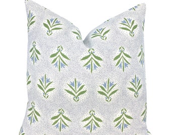 Catie Blue and Green Linen Pillow Cover |  Designer | High End | Soft Sky Blue and Green on Ivory Belgian Linen
