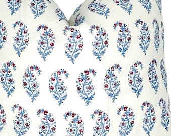 Indiennes Paisley Berry Pillow Cover | Lee Jofa | Designer | Blue and Red Paisley | High End