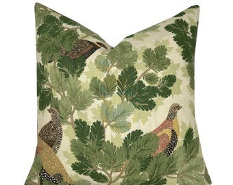 Schumacher Covey Hedge Olive Green Pillow Cover | Deep Green Tones on Soft Green Linen | Neutral | 1 or 2 Sided |  Designer