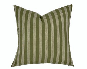 Schumacher Jonah Green Stripe Pillow Cover | Neutral | Tonal Green Stripe | Dark Green | Moss Green | Designer | High End
