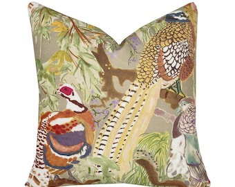 Game Birds Pillow Cover | Lee Jofa | Stone Green Multi Color Pheasant | High End
