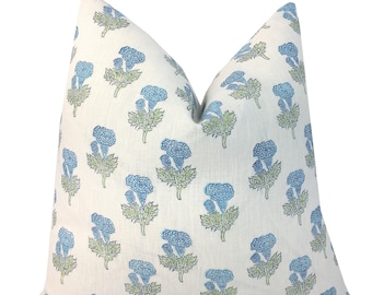 Samali Sky Blue and Green Floral Block Print Pillow Cover | Hand Block Print on Linen | Light Blue | Mughal Flower | High End