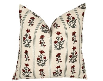 Schumacher Ellora Spice Pillow Cover | Paprika and Teal on Oat |  Floral Stripe | Designer |  High End