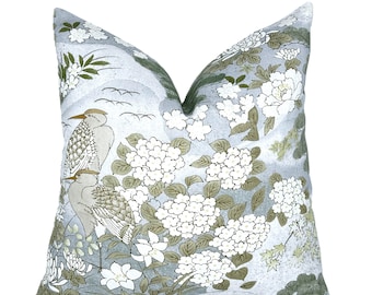 Schumacher Lake Mist Botanical Pillow Cover | Designer | Blue-Grey |  Decorative Pillow | High End