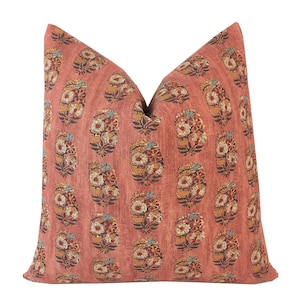 Posie Rusty Rose Pillow Cover | Designer | 1 or 2 Sided  | High End | Floral Block Print Style