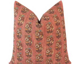 Posie Rusty Rose Pillow Cover | Designer | 1 or 2 Sided  | High End | Floral Block Print Style