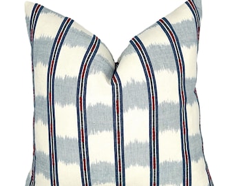 Schumacher Faye Ikat Chambray Pillow Cover | Red White Blue Stripe | Designer |  High End