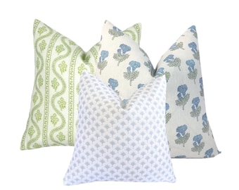 Flying Tack Collection #10 | Abigail Spring Green | Samali Block Print  | Palms Blue | 3 Pillow Covers