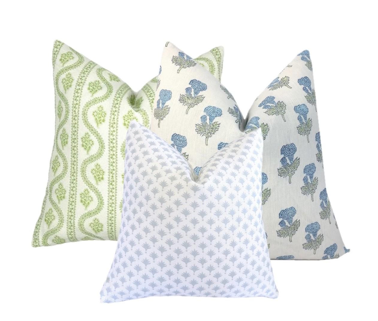 Flying Tack Collection #10 | Abigail Spring Green | Samali Block Print  | Palms Blue | 3 Pillow Covers