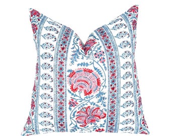 Indiennes Stripe Berry Pillow Cover | Lee Jofa | Designer | Red and Sky Blue Floral | High End