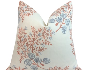 Terra Cotta Blues Linen Pillow Cover |  Designer | High End | Large Scale Rust and Indigo Floral | Belgian Linen
