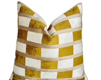 Mustard Velvet Pillow Cover | Checkered Stripe | Ochre | Gold