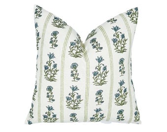 Schumacher Ellora Leaf Pillow Cover | Blue and Green Floral Stripe | Designer |  High End