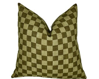 Olive Green Check Linen Pillow Cover | Medium Scale Neutral | Dark Green | Moss Green | Designer