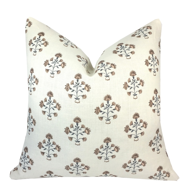 Amy Brown and Indigo Blue Linen Pillow Cover | Floral | Neutral |Designer | High End | Blue and Brown on Cream Belgian Linen