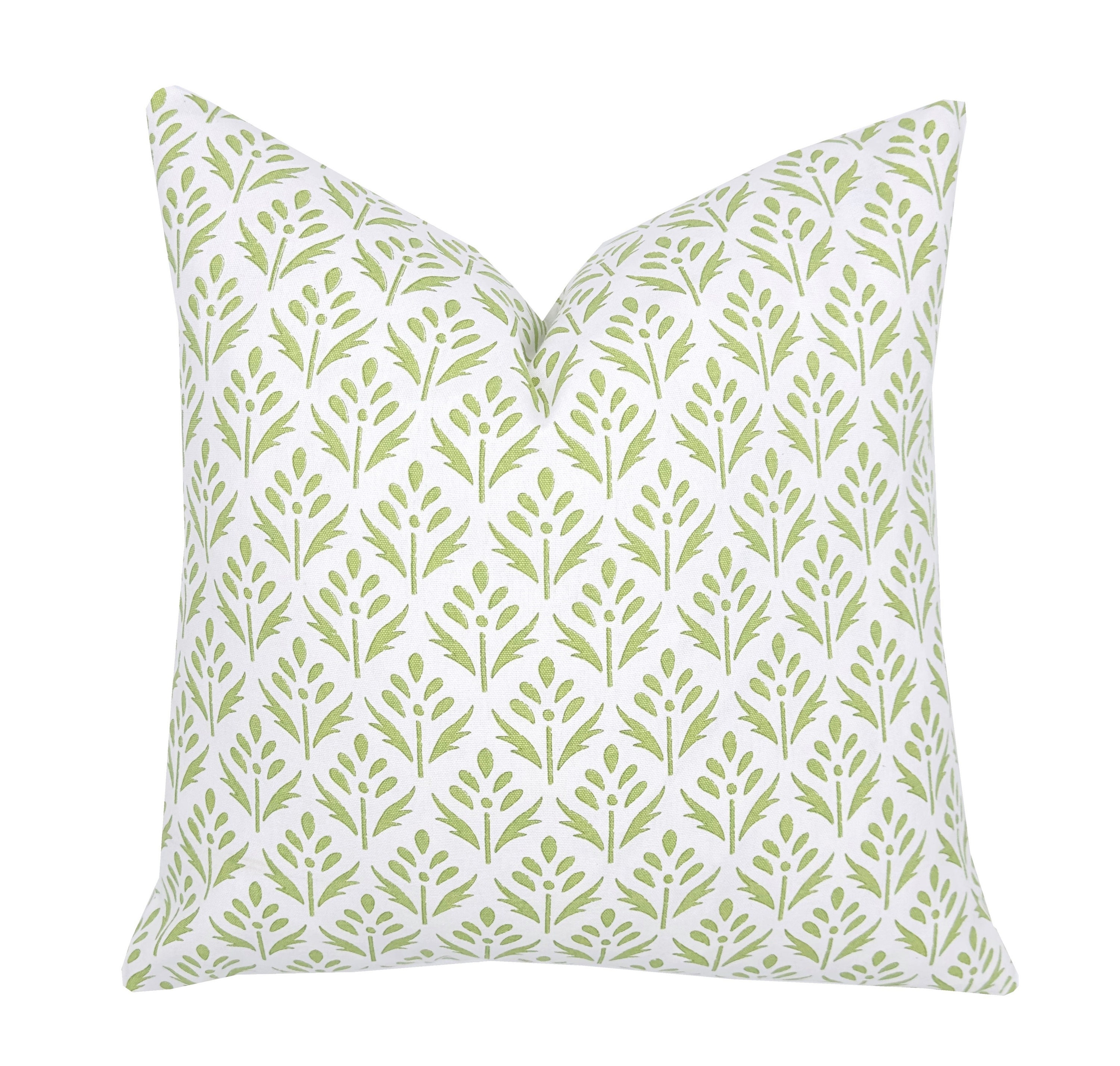 Feather Green Floral Pillow Cover | 20" x 20" | Same Fabric Both Sides | Green and White