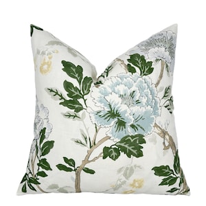 Inisfree Inlet Floral Pillow Cover | Green and Blue on Ivory | Large Scale Floral | Lee Jofa | 1 or 2 Sided | Designer