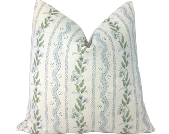 Emma Stripe Linen Pillow Cover |  Designer | High End | Soft Sky Blue and Green on Off White Belgian Linen