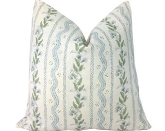 Emma Stripe Linen Pillow Cover |  Designer | High End | Soft Sky Blue and Green on Off White Belgian Linen