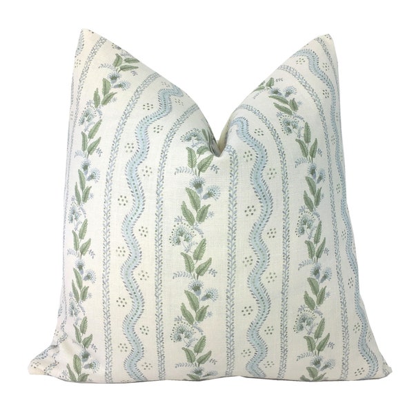 Emma Stripe Linen Pillow Cover |  Designer | High End | Soft Sky Blue and Green on Off White Belgian Linen