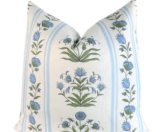 Royal Poppy Blue Floral Stripe Pillow Cover | Designer | Schumacher | Decorative Pillow | High End