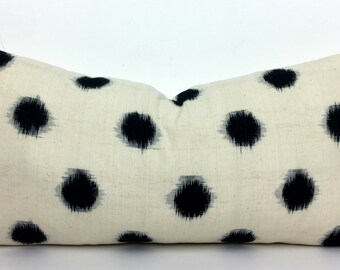 Black on Natural Sakuru Ikat Lumbar Pillow Cover - 12" x 24" - Ready To Ship - Ikat - Schumacher - High End - Polka Dot - Designer