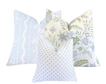 Flying Tack Collection #5 | Wendy Blue Stripe | Kathy Floral | Palms Blue | 3 Designer Pillow Covers | Pillow Combination