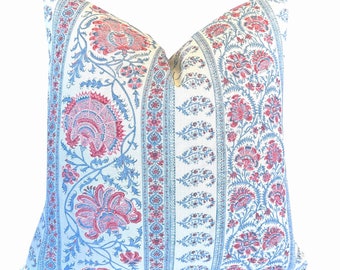 Indiennes Stripe Berry Pillow Cover | Lee Jofa | Designer | Red and Sky Blue Floral |  1 or 2 Sided | High End