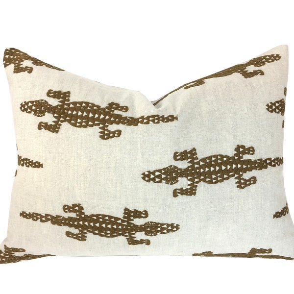 BACKORDER | Baracoa Brown Embroidery Pillow Cover | Lumbar Sizes | Brown Gecko | Designer | Modern | 1 or 2 Sided | High End | Schumacher