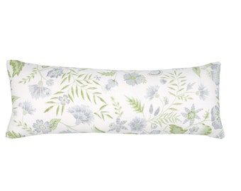 Kathy Vine Blue and Green Linen Bed Pillow Cover | Long Lumbar Sizes | Designer | Soft Sky Blue & Green on Off White Linen | 1 Sided