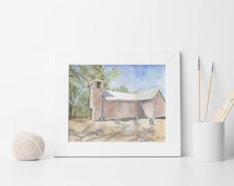 San Isidro Adobe Chapel Tesuque Art Print, New Mexico Catholic Watercolor, Historic Adobe Church, Santa Fe Art