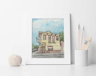 Liuzza's by the Track Watercolor Print, New Orleans Jazz Fest Art, Food Culture Painting