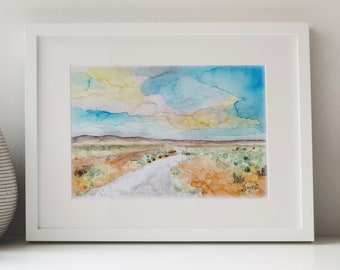 New Mexico Desert Road Watercolor Print, Vibrant Southwest Landscape Art