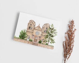 St. Francis Cathedral Basilica Watercolor Art Print Greeting Card, Catholic Church Gift, Santa Fe New Mexico