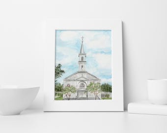 St Charles Borromeo Grand Coteau Watercolor Print, Louisiana Jesuit Parish Fine Art