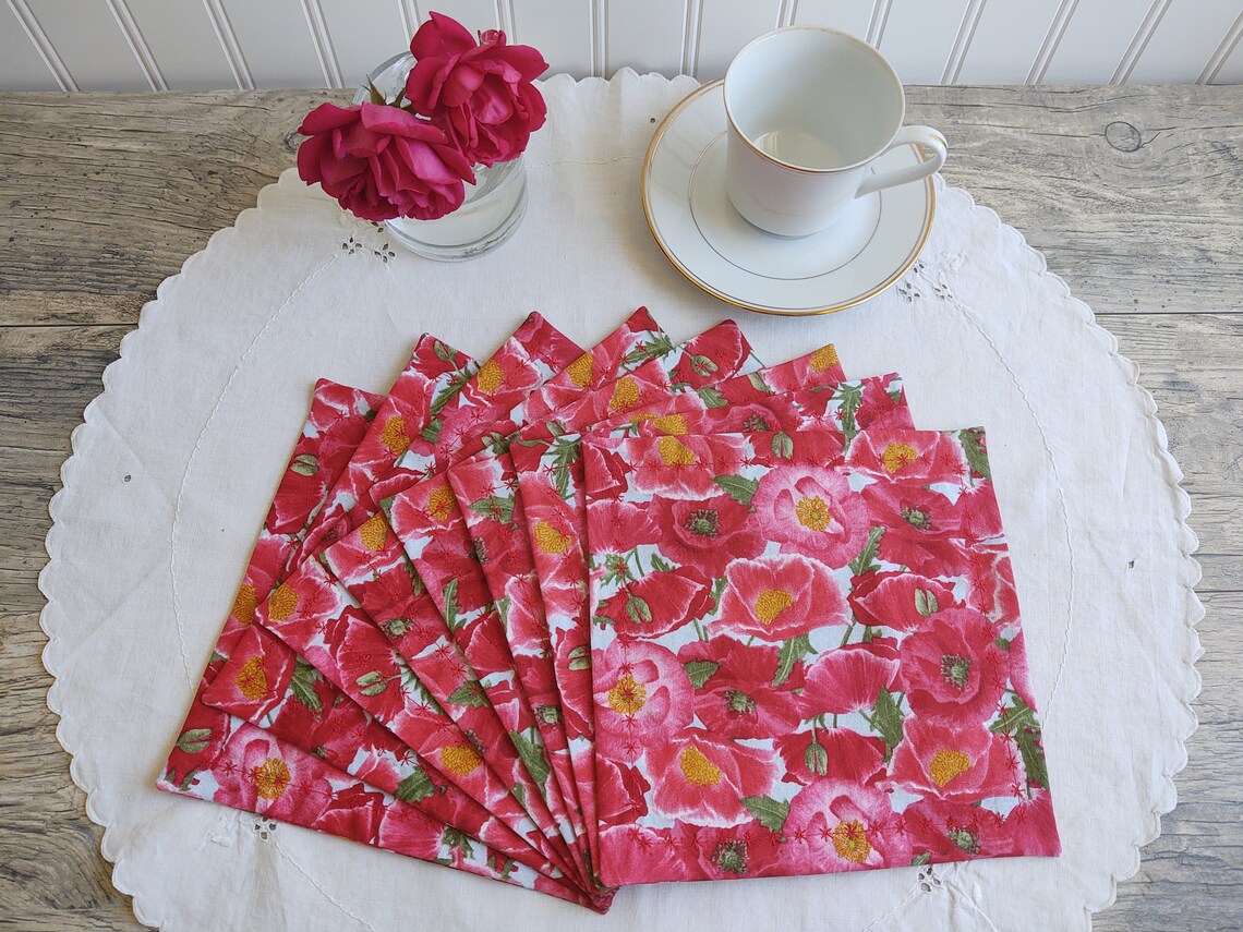 FLORAL CLOTH NAPKINS 8 Poppy Napkins Red Flower Napkins Etsy
