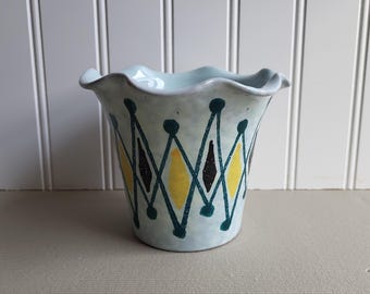 Jarrón italiano vintage de mediados de siglo: cerámica geométrica pintada a mano