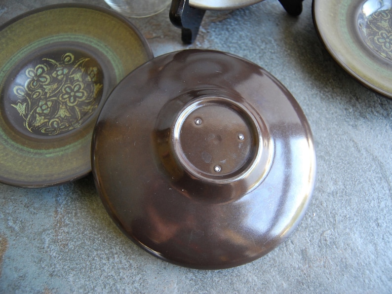 Franciscan Earthenware Madeira Saucers Set of 4 Stoneware Plates Earthy Brown Green Floral Made in California USA