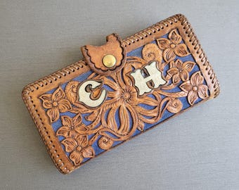 Vintage TOOLED LEATHER WALLET Vintage Wallet Western Wallet Tooled Leather Clutch