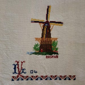 Handmade Embroidered Windmill Table Runner: Dutch Linen, 18&quot; x 56&quot;