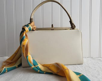 Vintage Cream Handbag Structured Vinyl Purse