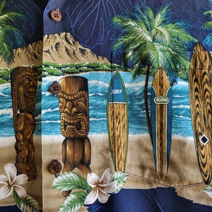 Vintage Hawaiian Shirt: Surfboards, Tiki Statues, Coconut Buttons - Medium