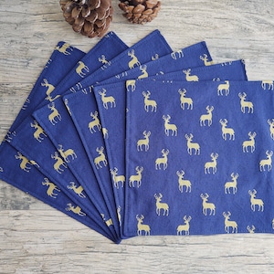 Blue and Gold Deer Napkins: Wildlife Fabric Napkins, Set of 6