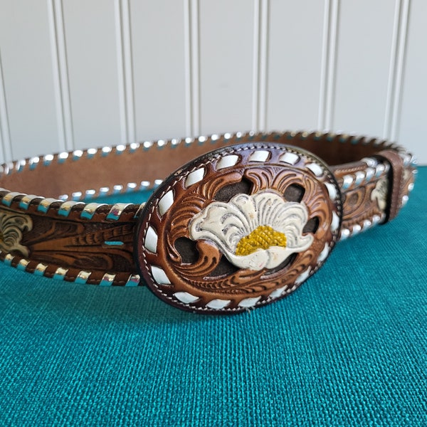 Child Tony Lama Belt Size 24 Tooled Leather Belt & Buckle Tony Lama Buckle Western Hand Tooled Belt