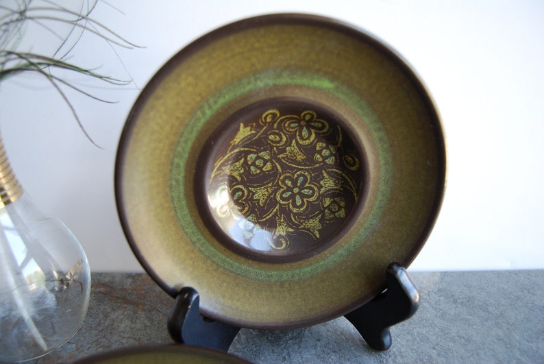 Franciscan Earthenware Madeira Saucers Set of 4 Stoneware Plates Earthy Brown Green Floral Made in California USA