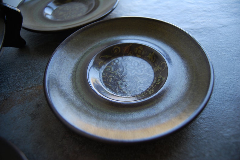 Franciscan Earthenware Madeira Saucers Set of 4 Stoneware Plates Earthy Brown Green Floral Made in California USA