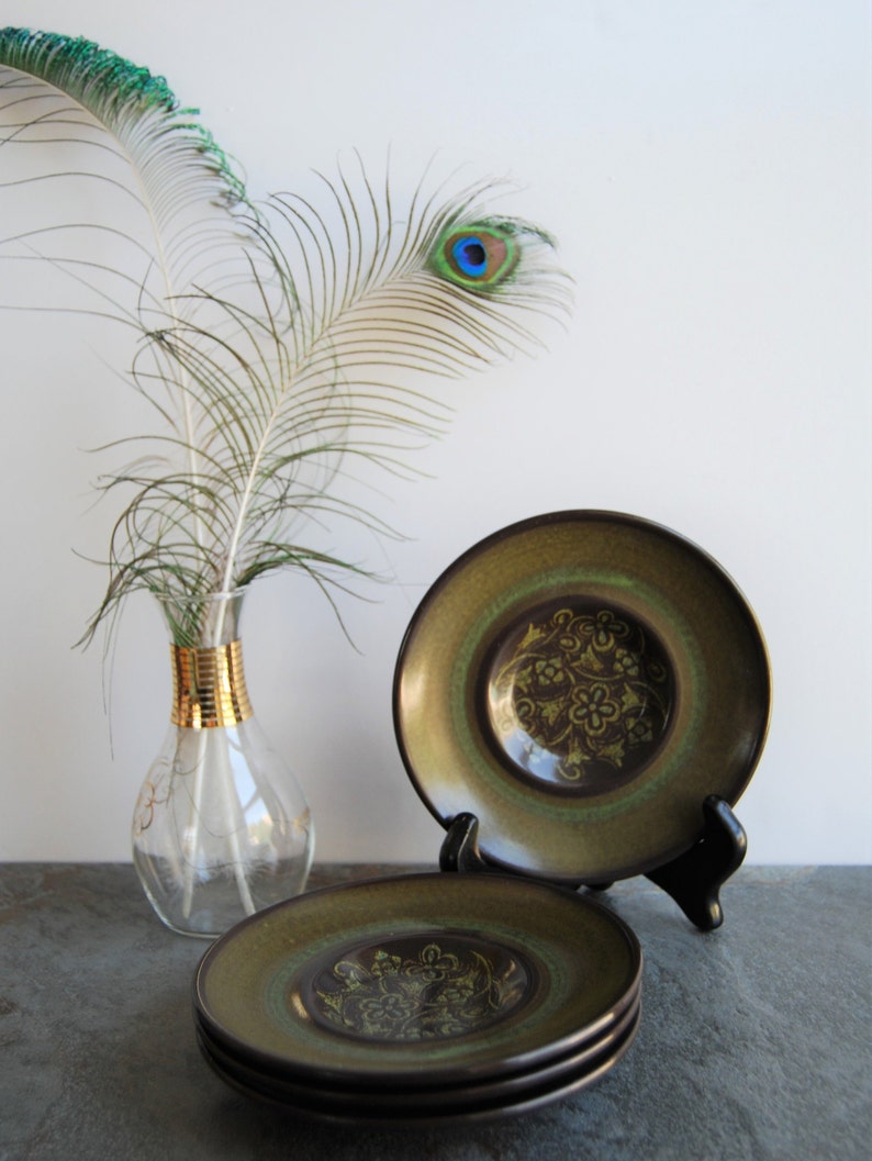 Franciscan Earthenware Madeira Saucers Set of 4 Stoneware Plates Earthy Brown Green Floral Made in California USA