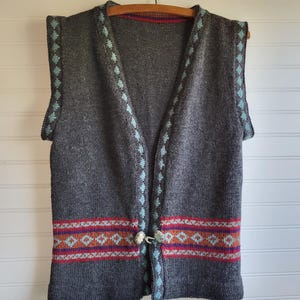 Hand Knit Wool Vest: Grey Tunic Sweater Vest with Silver Clasp