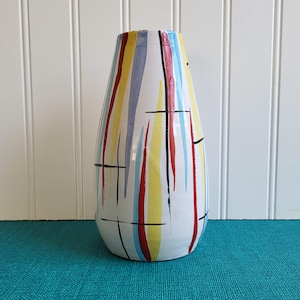 Mid Century Italian Vase: Large Mondrian Style, Hand Painted