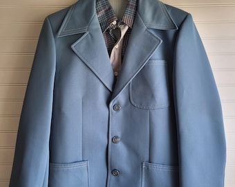 Vintage Baby Blue Polyester Sports Coat Size 38 Double Knit Blazer
